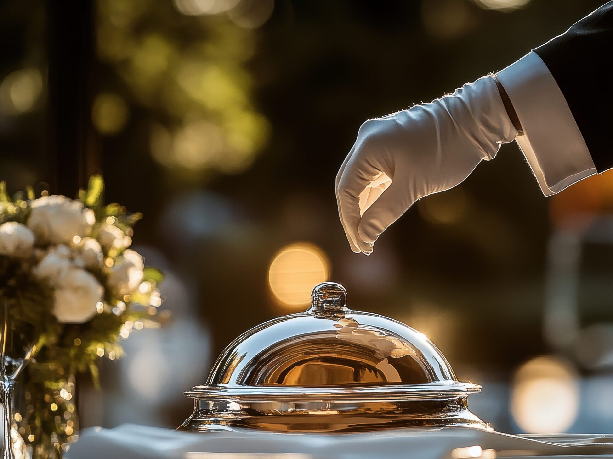 Elegant server lifting a silver cloche in a sophisticated dining setting.