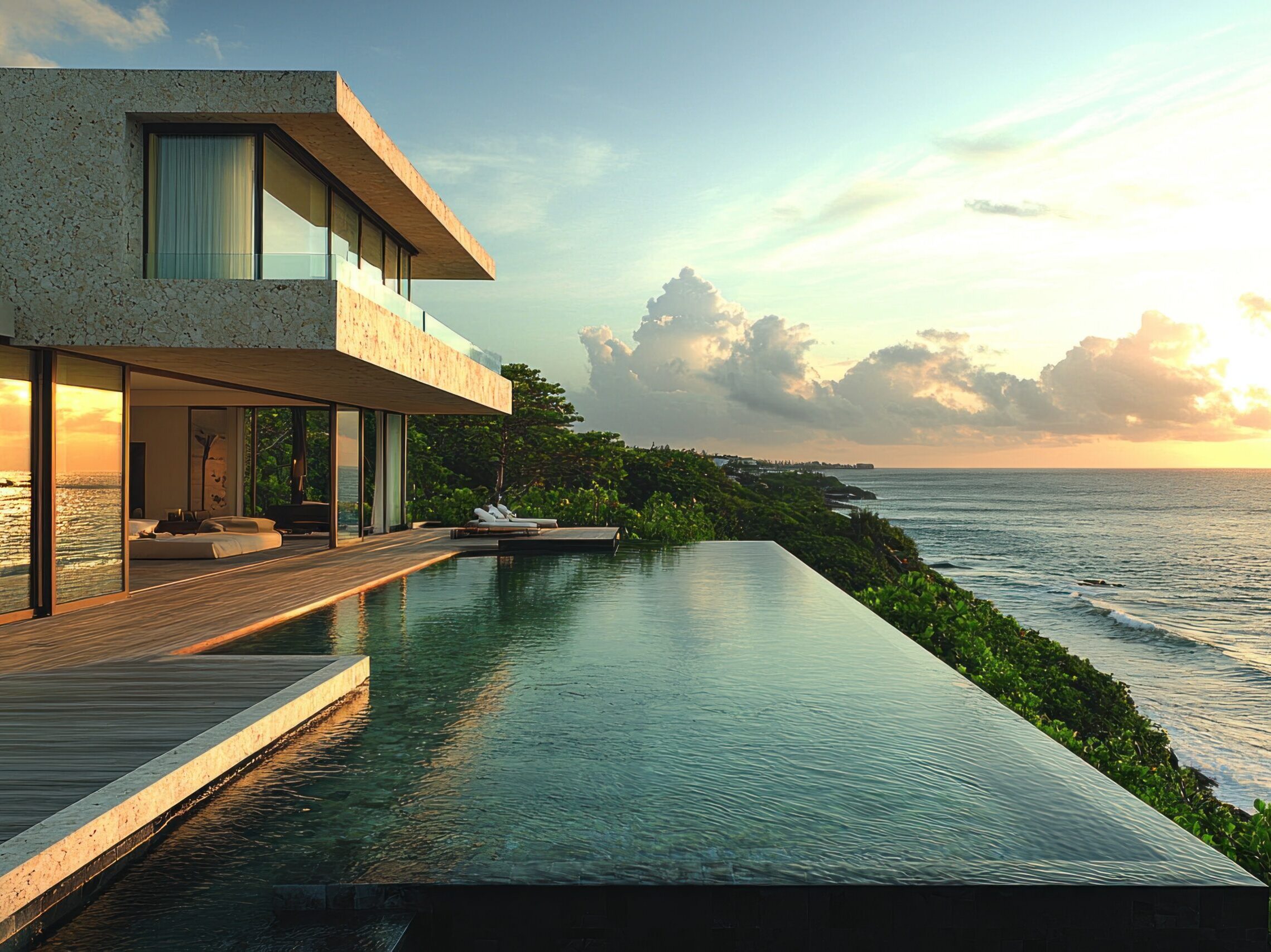 Modern oceanfront villa with infinity pool at sunset. Coastal cliffside location, overlooking a tranquil sea