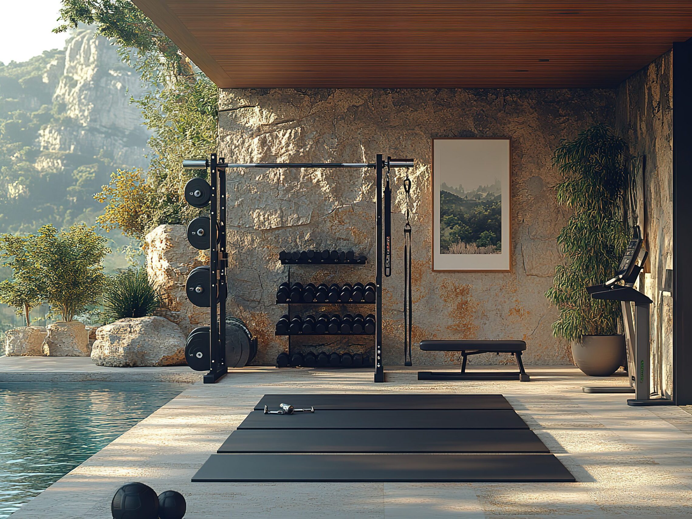 A home gym with a view, complete with weights, a treadmill, and exercise mat.